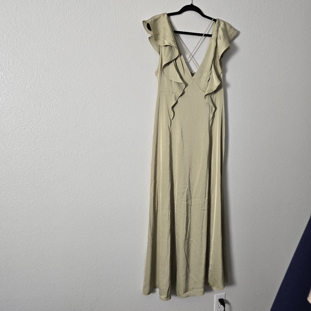 H&M Satin Ruffle V-Neck Maxi Dress in Light Olive Sz M